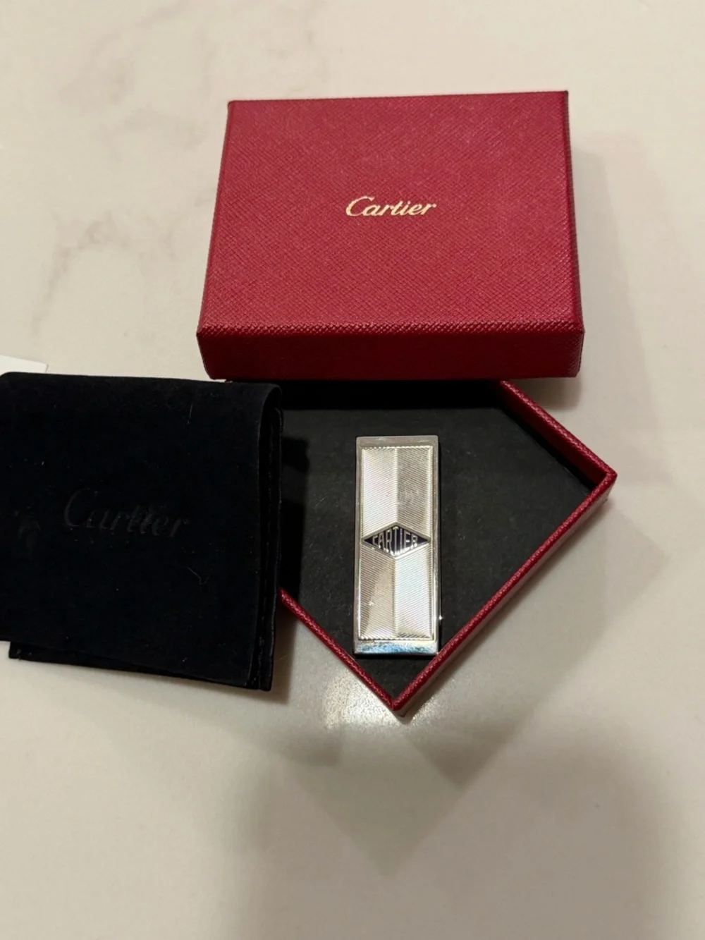 Authentic Cartier Silver Tone Money Clip with Blue Logo Accent